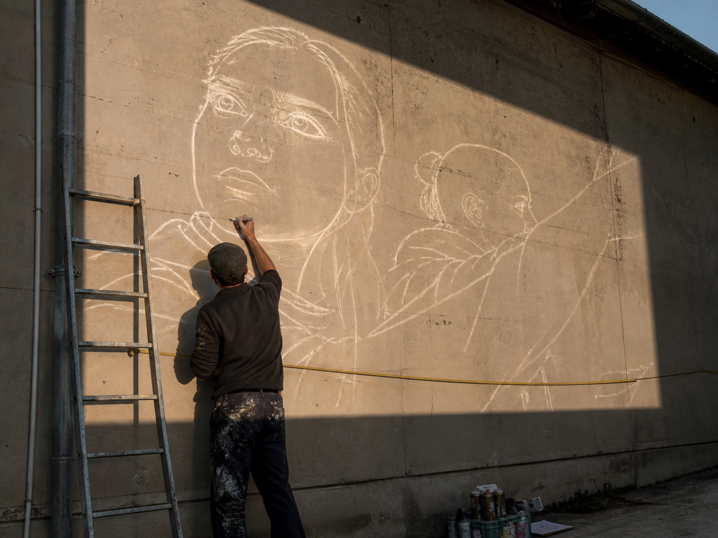 Artiste répétant l'échelle d'une fresque